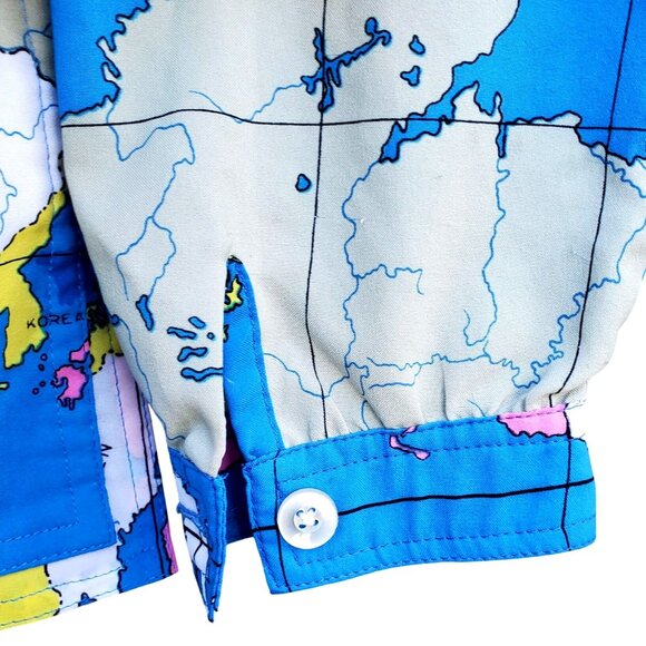 Vintage Womens Blue Shirt 80s Collared Button Front World Map Size M Polyester - Picture 7 of 12